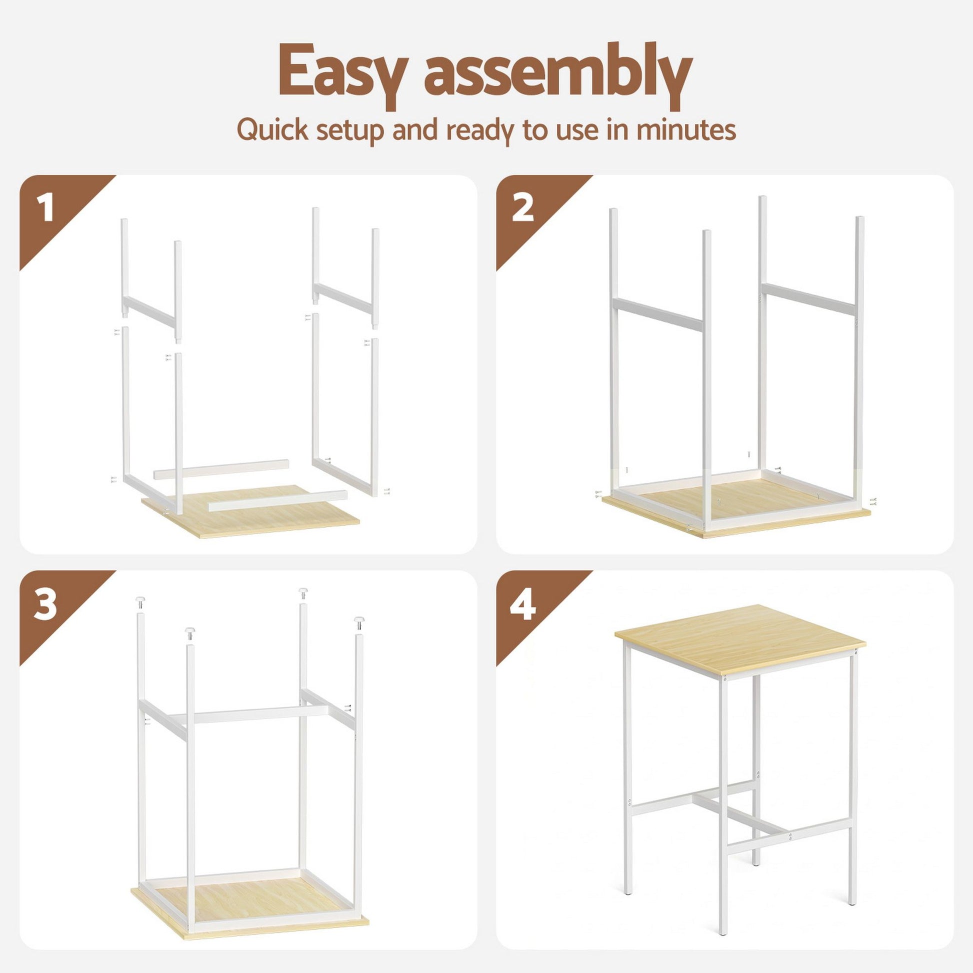 Step-by-step assembly guide for a wooden table with text 'Easy assembly' and 'Quick setup and ready to use in minutes'.