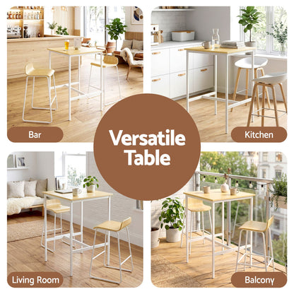 Versatile table used in various settings including a bar, kitchen, living room, and balcony.