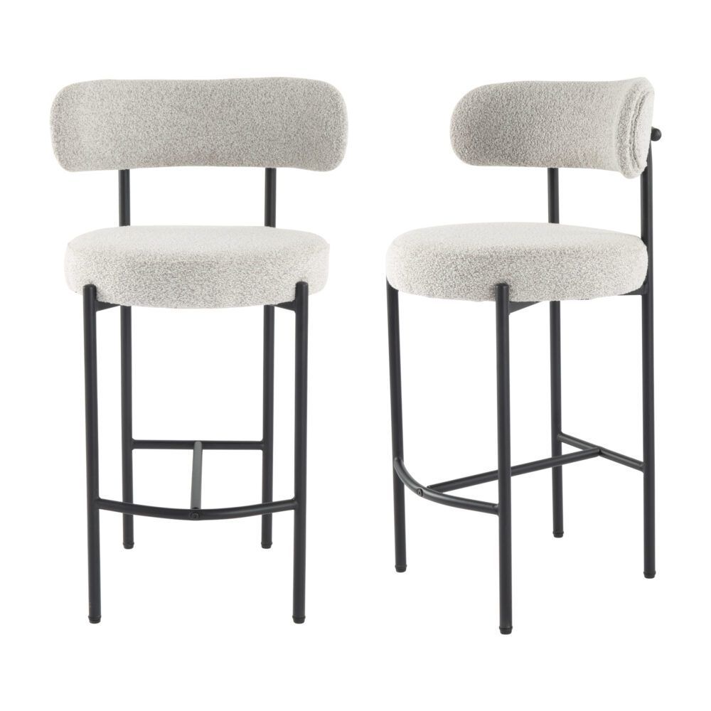 Two bar stools with white cushioned seats and backs on a white background