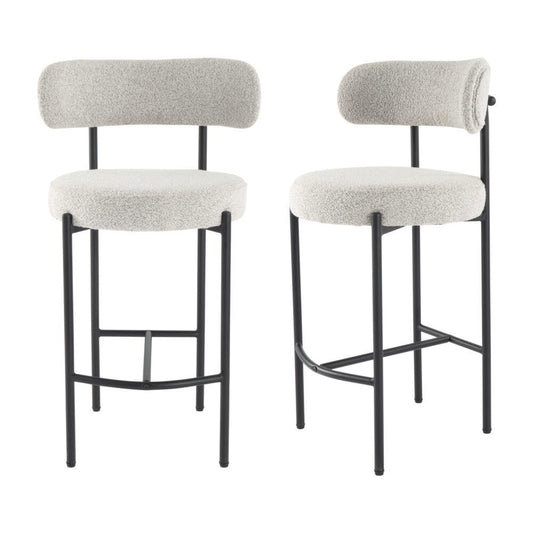 Two bar stools with white cushioned seats and backs on a white background