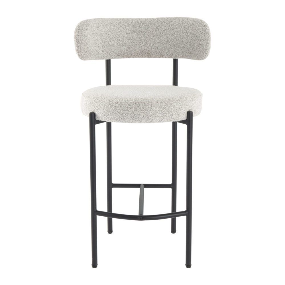 Bar stool with white cushioned seat and backrest on a white background