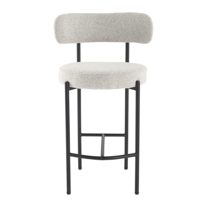 Bar stool with white cushioned seat and backrest on a white background