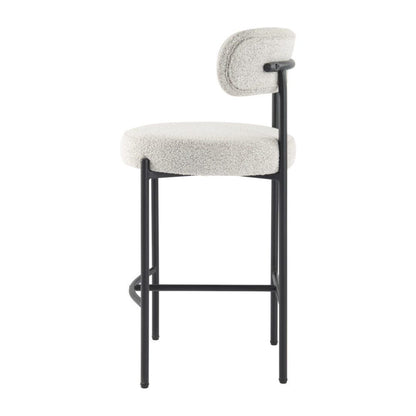 Bar stool with white cushioned seat and backrest on a white background