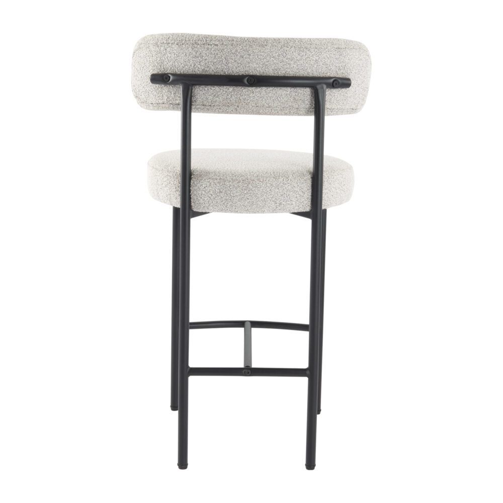 Bar stool with white cushioned seat and backrest on a white background