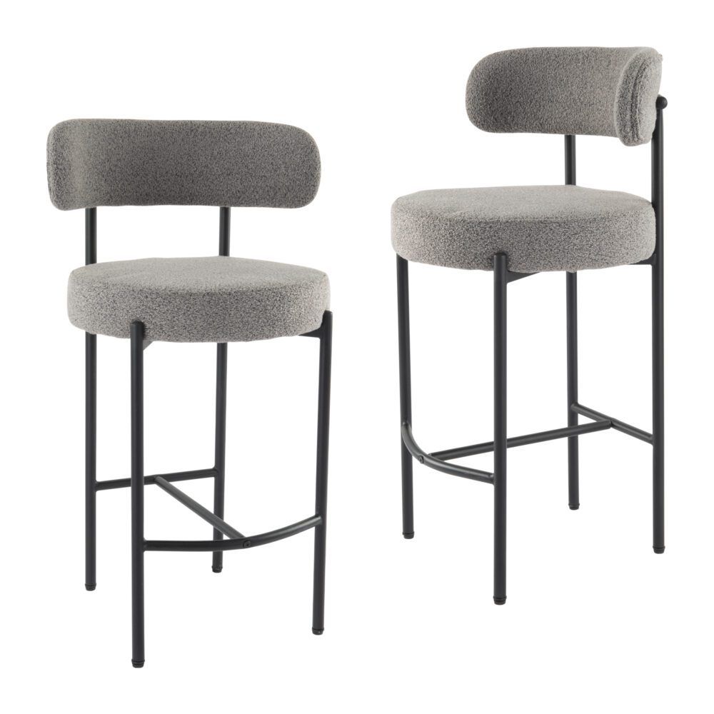 Two gray bar stools with black metal frames on a white background