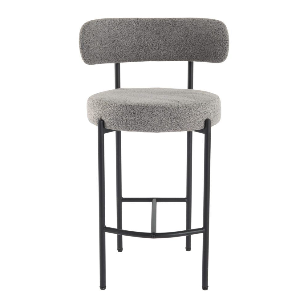 Gray cushioned bar stool with black metal frame on a white background