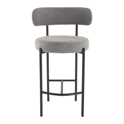 Gray cushioned bar stool with black metal frame on a white background