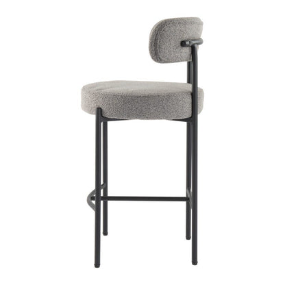 Gray cushioned bar stool with black metal legs on a white background