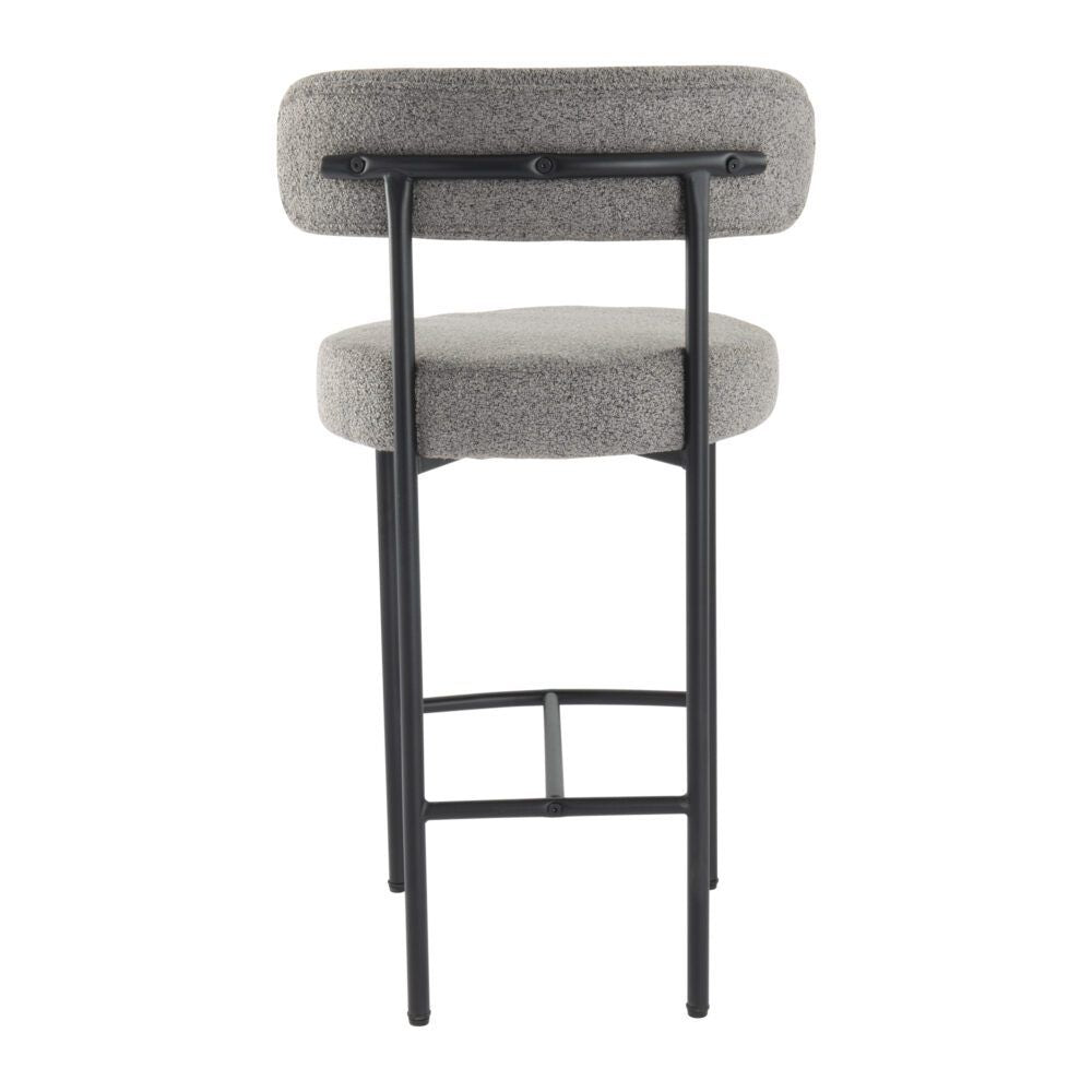 Gray cushioned bar stool with black metal frame on a white background