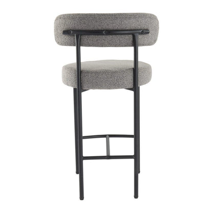 Gray cushioned bar stool with black metal frame on a white background