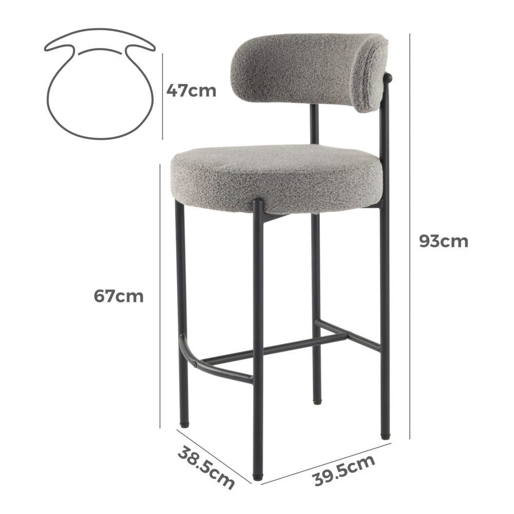 Gray bar stool with dimensions on a white background