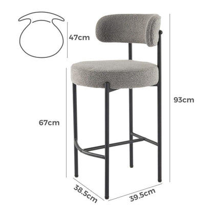 Gray bar stool with dimensions on a white background