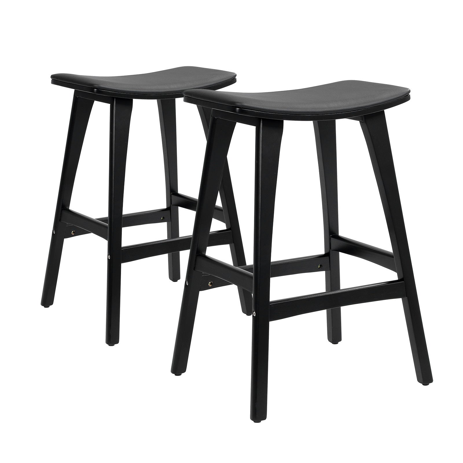 Two black bar stools on a white background