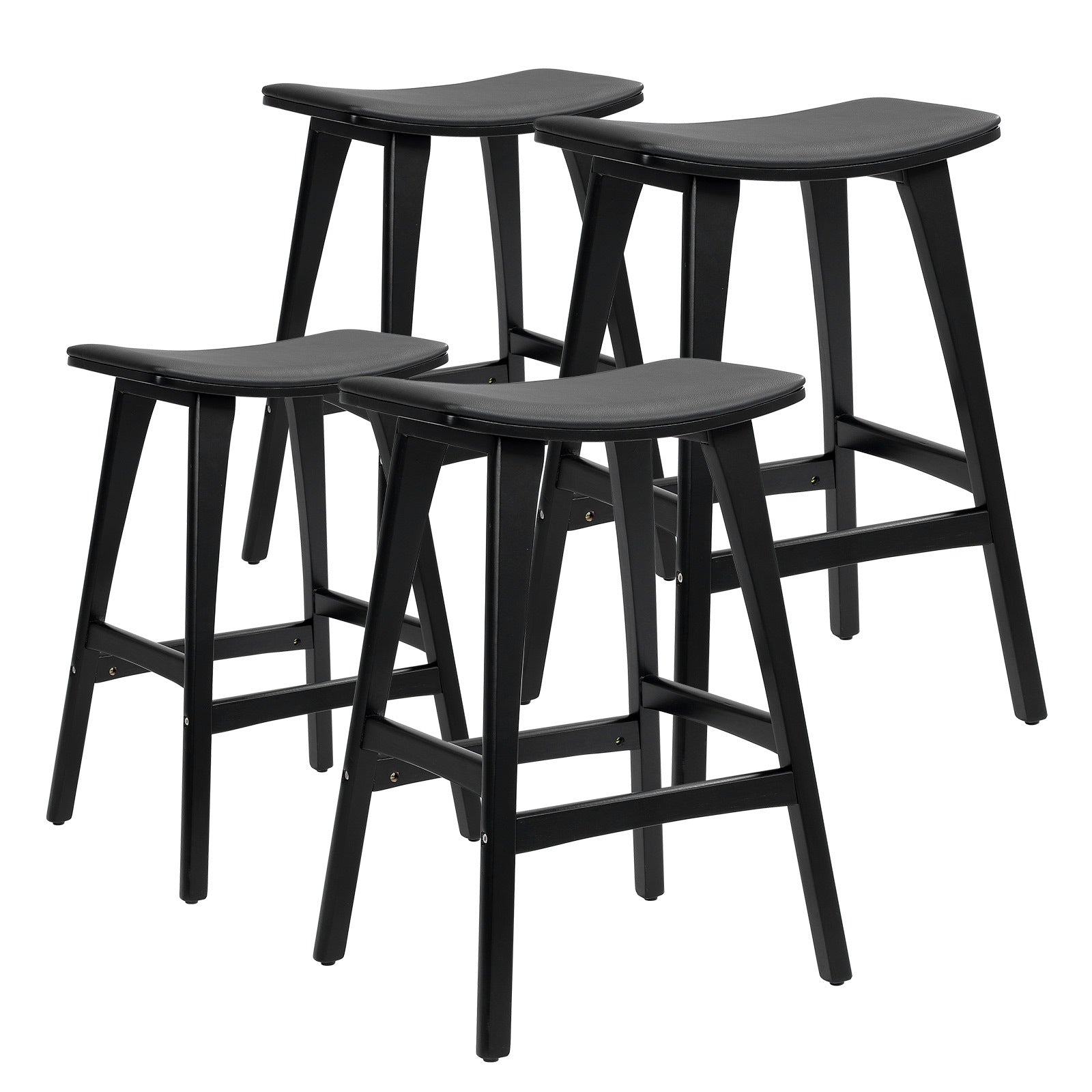 Four black bar stools on a white background