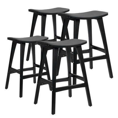 Four black bar stools on a white background