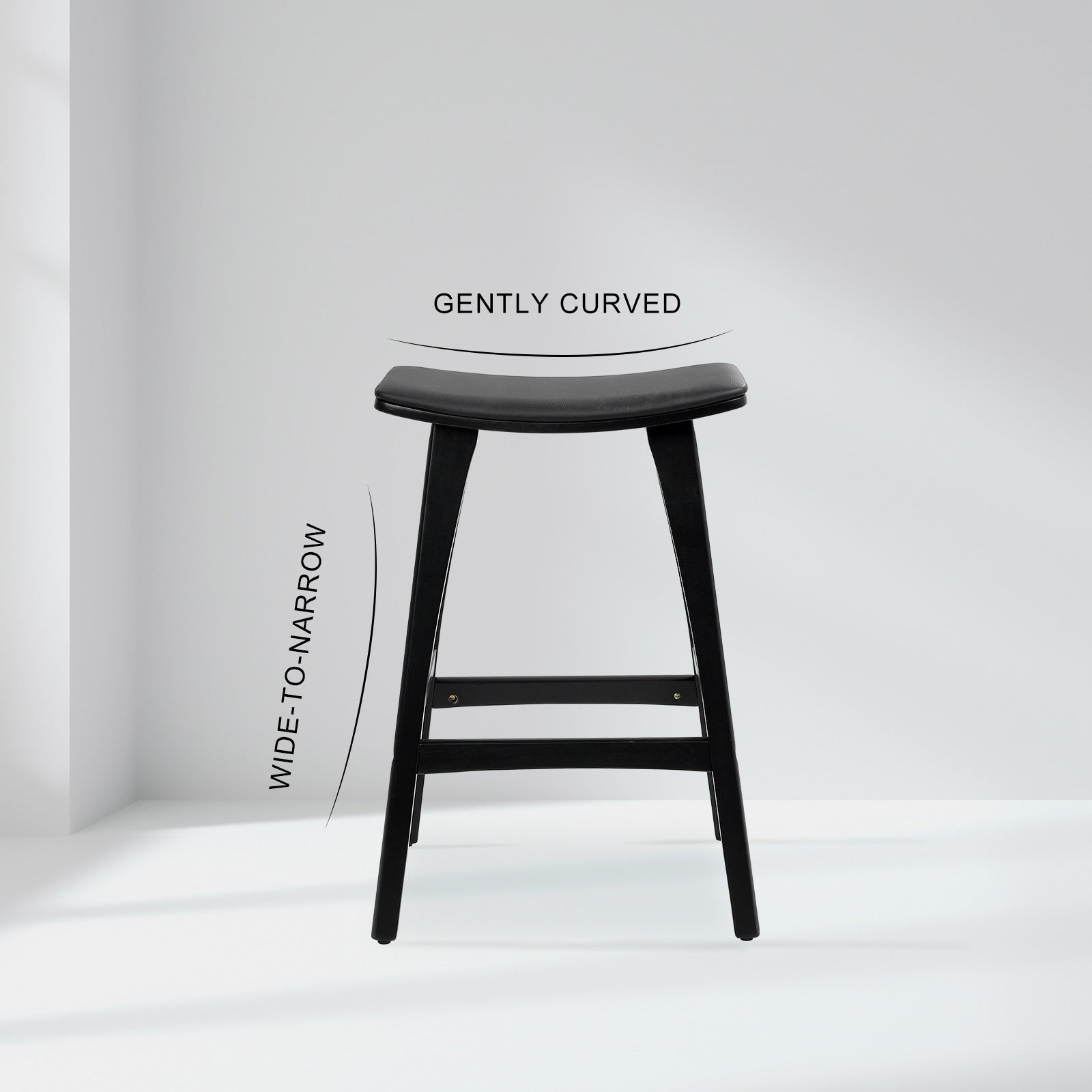 Black bar stool with 'Gently Curved' text on a white background