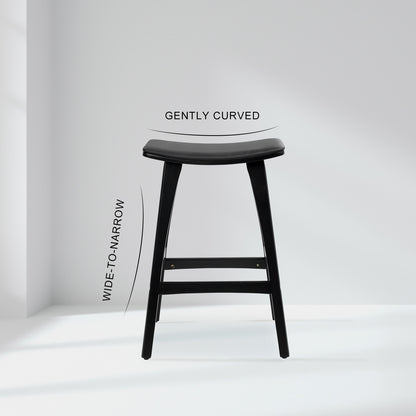 Black bar stool with 'Gently Curved' text on a white background