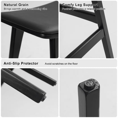 Black stool with features highlighted: natural grain finish, comfy leg support, and anti-slip protector.