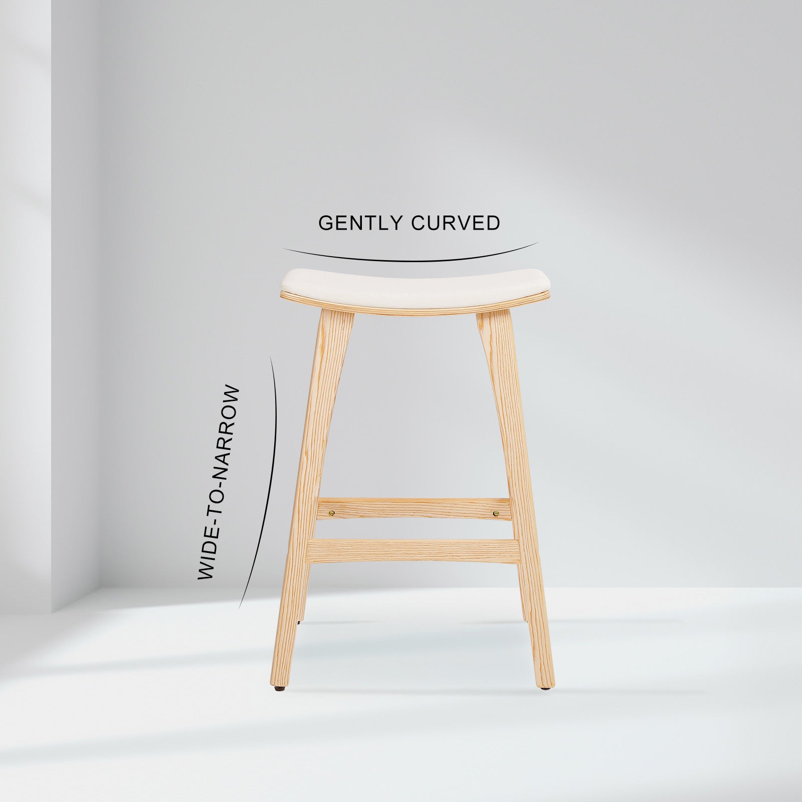 Wooden bar stool with a white cushioned seat on a light gray background