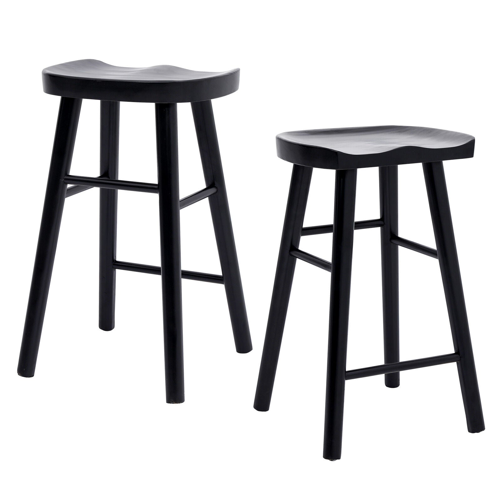 Two black bar stools on a white background