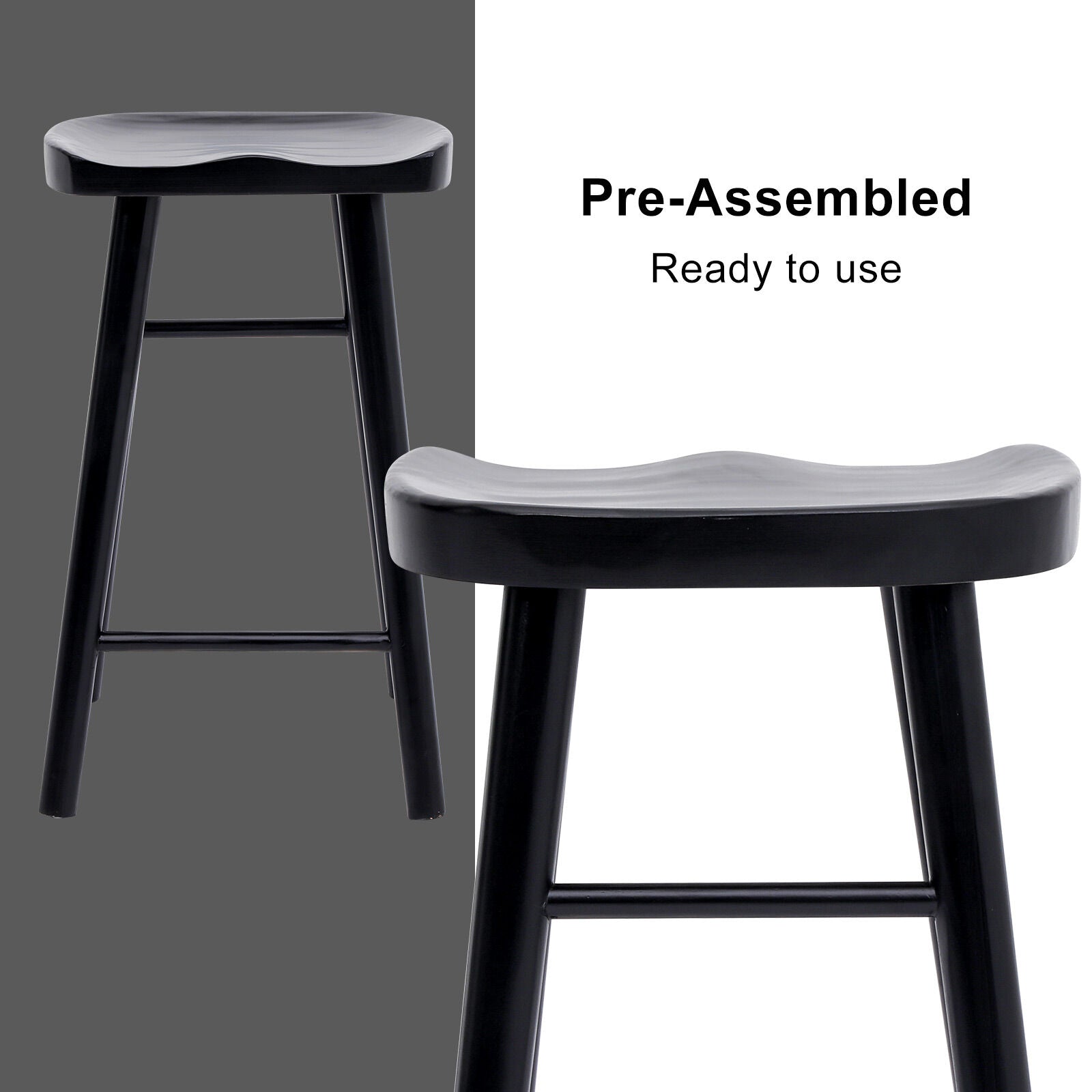 Black bar stool with 'Pre-Assembled' and 'Ready to use' text on a gray background