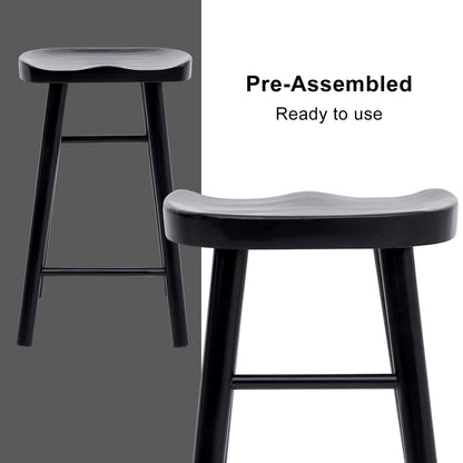 Black bar stool with 'Pre-Assembled' and 'Ready to use' text on a gray background