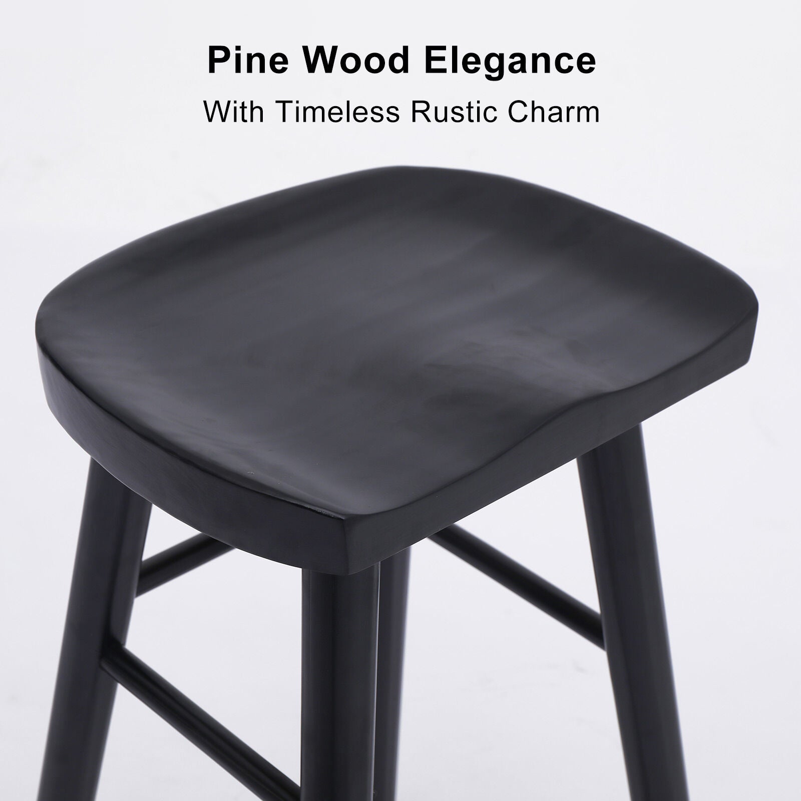 Wooden stool with black finish on a white background, labeled 'Pine Wood Elegance With Timeless Rustic Charm'.