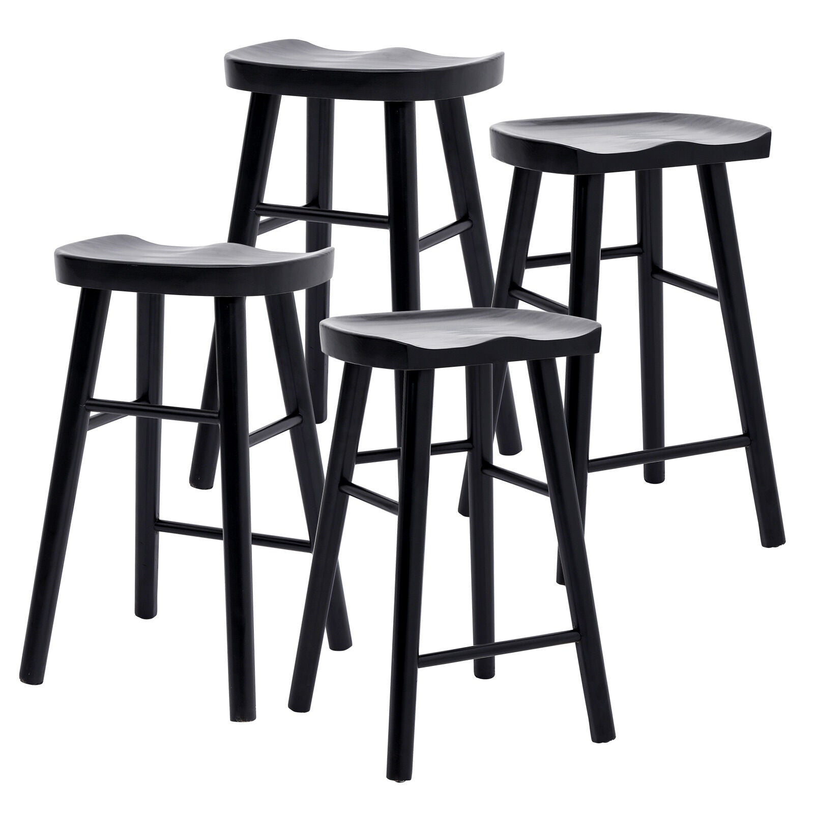 Four black bar stools with gray seats on a white background