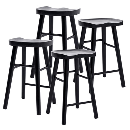 Four black bar stools with gray seats on a white background