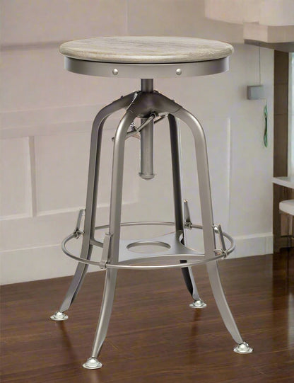 Industrial Adjustable Swivel Bar Stool – Grey Base, Oak Wood Seat (63-74cm)