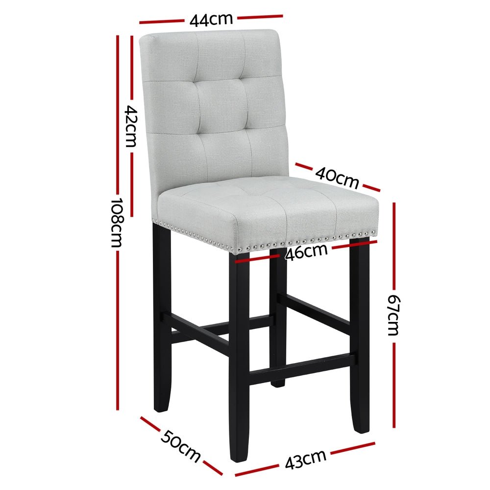Grey bar stool with dimensions marked on a white background