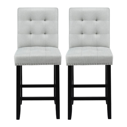 Two gray bar stools with black legs on a white background
