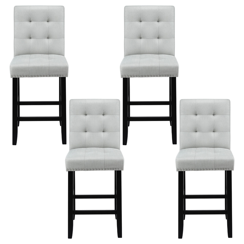 Set of four grey bar stools with black legs on a white background