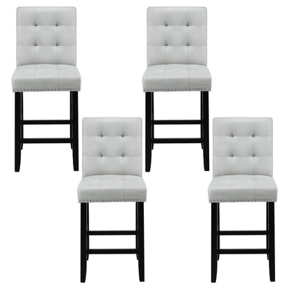 Set of four grey bar stools with black legs on a white background