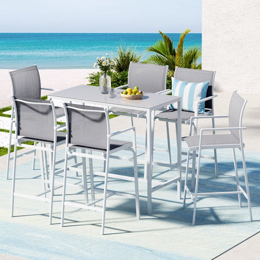 Aluminium Outdoor Dining Bar Table Patio Bistro Set White (7 Piece) - Barstool Express