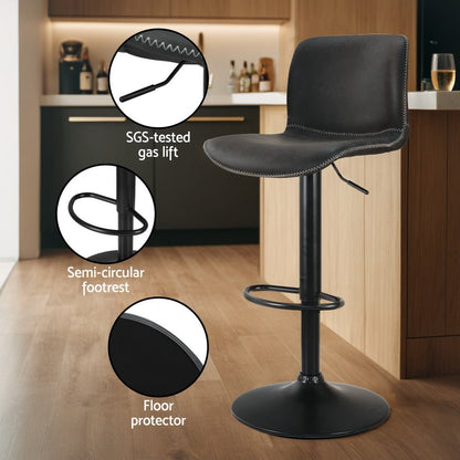 Amy Vintage Leather Adjustable Bar Stool Black (Set of 2) - Barstool Express