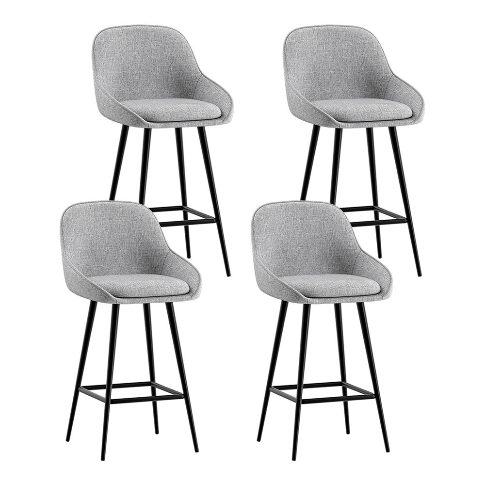 Four gray bar stools with black legs on a white background