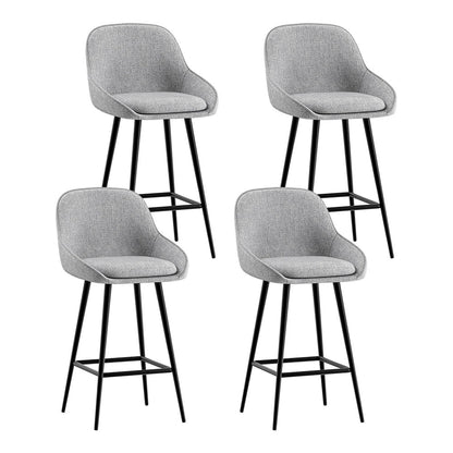 Four gray bar stools with black legs on a white background
