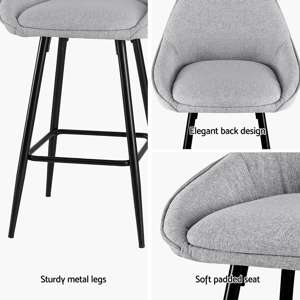 Gray bar stool with sturdy metal legs and soft padded seat, shown from different angles.