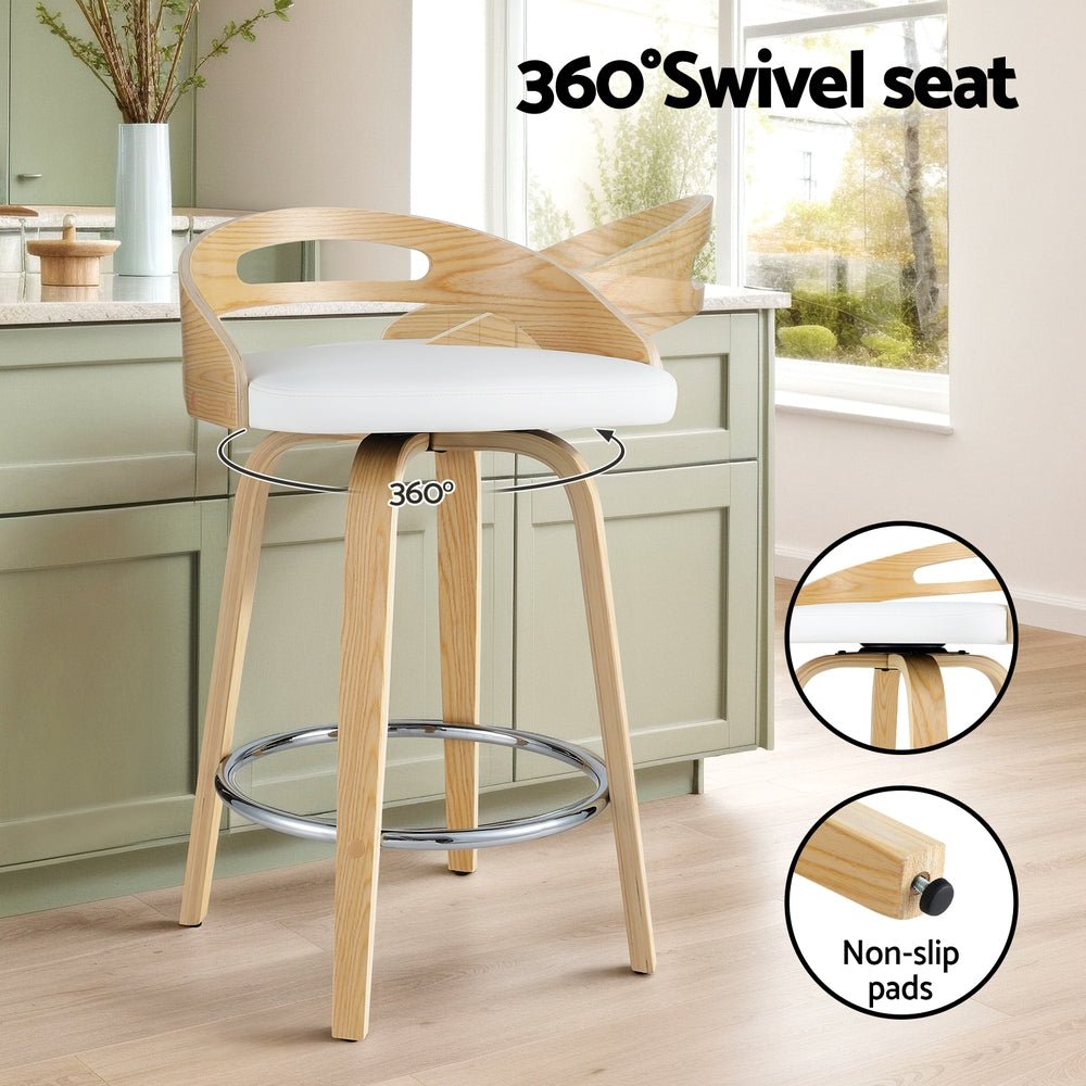 Brennan Leather Swivel Bar Stools 64cm Timber White (Set of 2) - Barstool Express