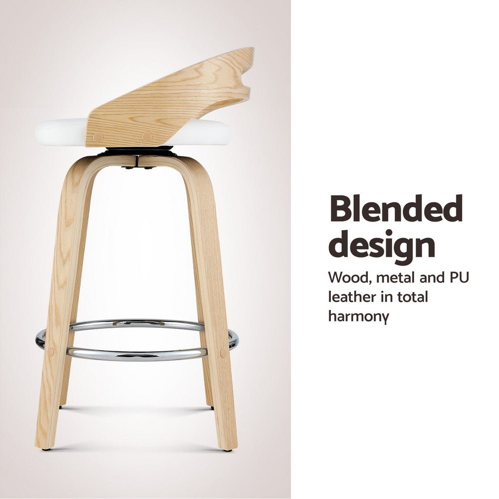 Brennan Leather Swivel Bar Stools 64cm Timber White (Set of 4) - Barstool Express