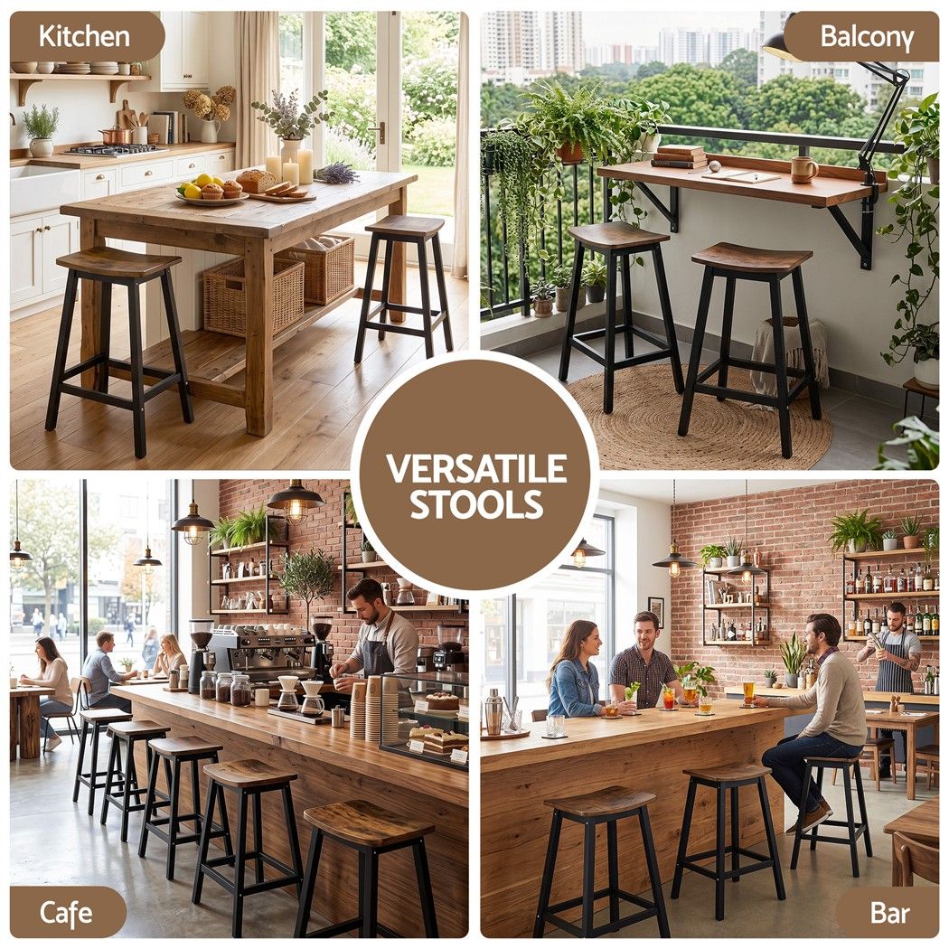 Brooks industrial timber bar stools styled in kitchen, balcony, cafe and bar settings