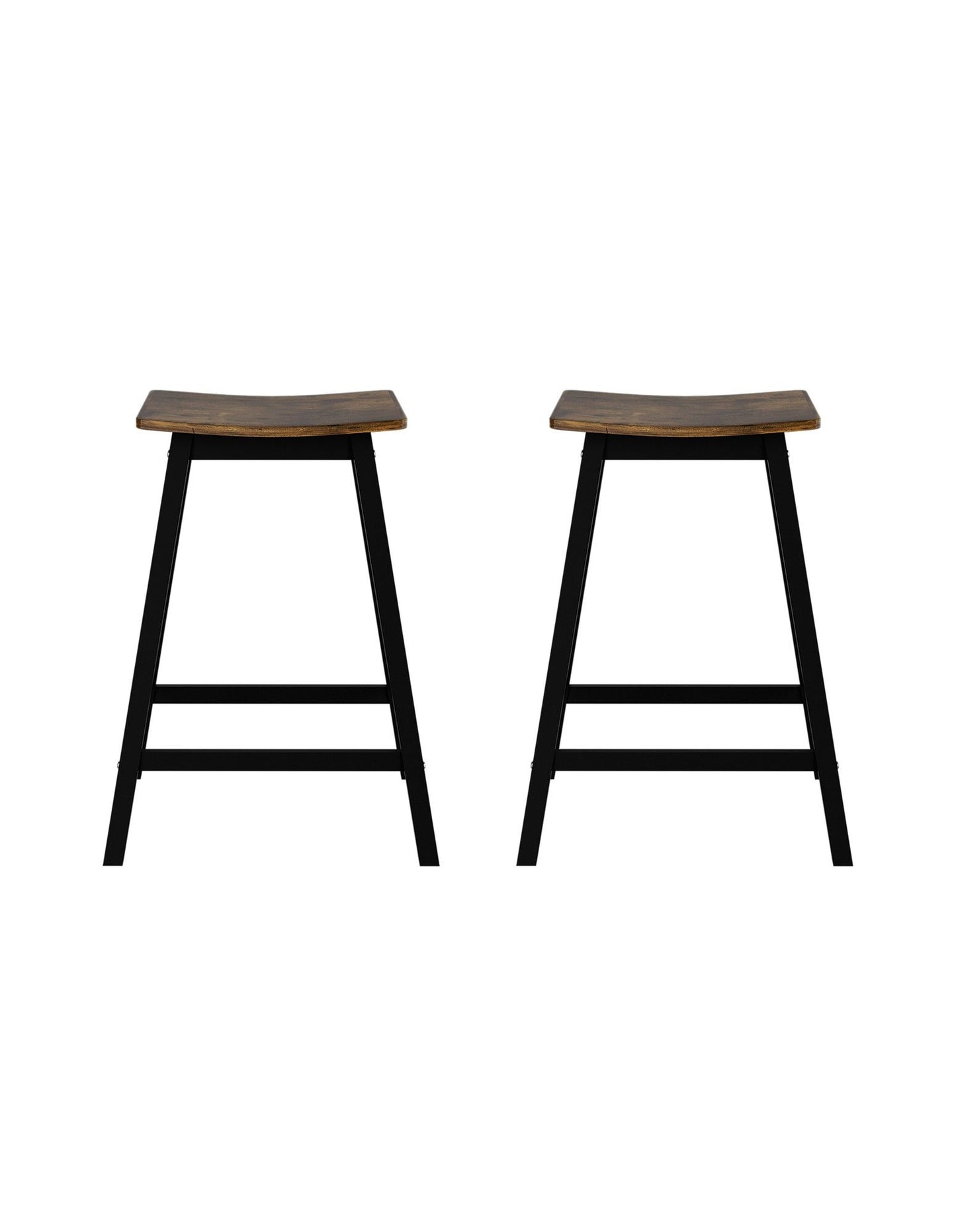 Set of two Brooks backless timber bar stools with rustic brown seats and black legs