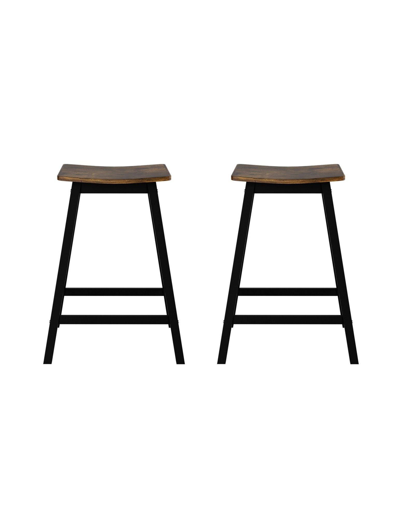 Set of two Brooks backless timber bar stools with rustic brown seats and black legs