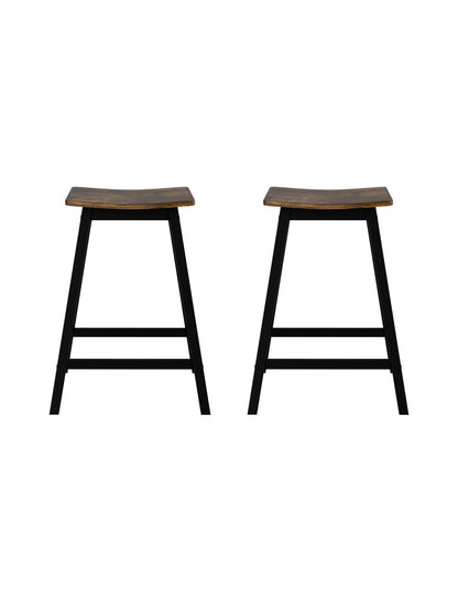 Set of two Brooks backless timber bar stools with rustic brown seats and black legs