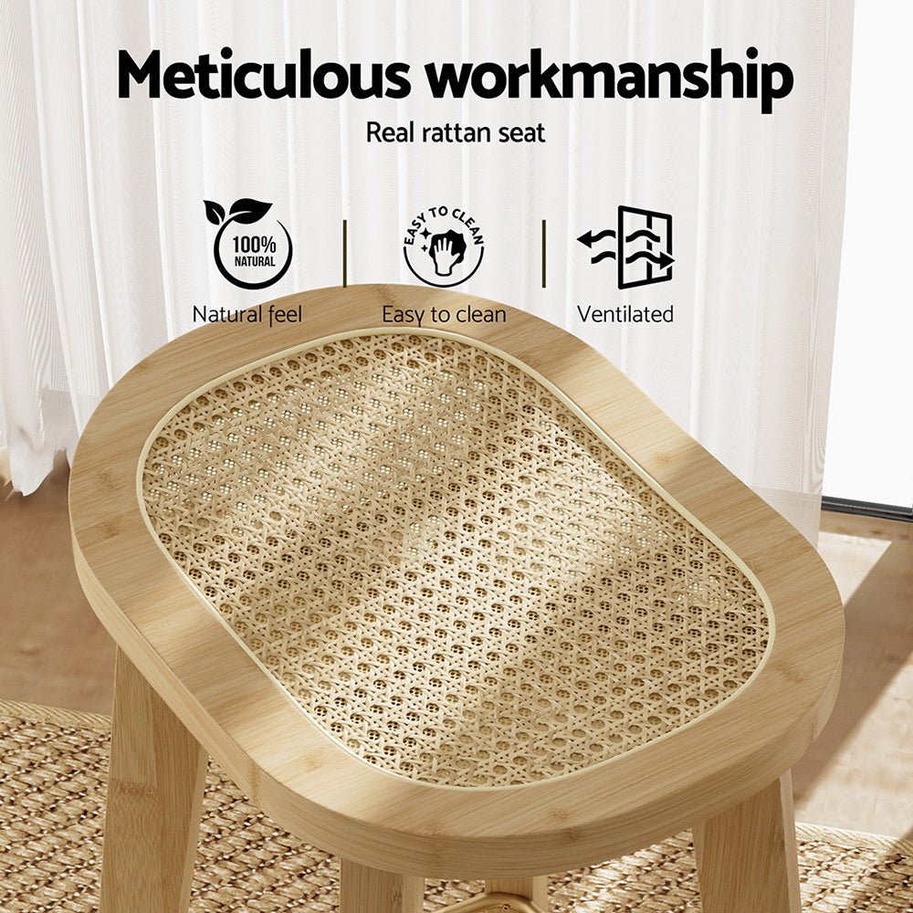 Wooden stool with rattan seat and text highlighting workmanship and features.