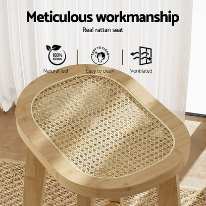 Wooden stool with rattan seat and text highlighting workmanship and features.
