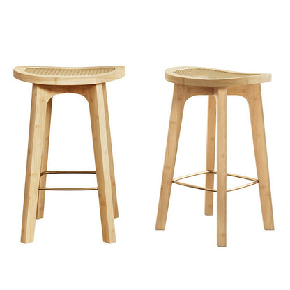 Two wooden bar stools with woven rattan seats on a white background