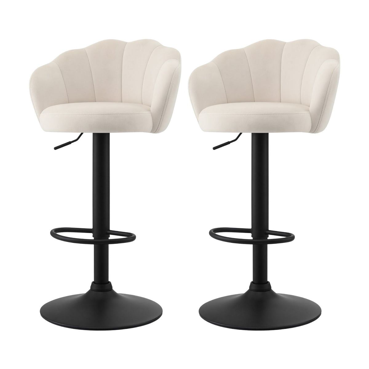 Set of 2 Emma ivory velvet adjustable bar stools with scalloped shell backrests, black pedestal bases and circular footrests.