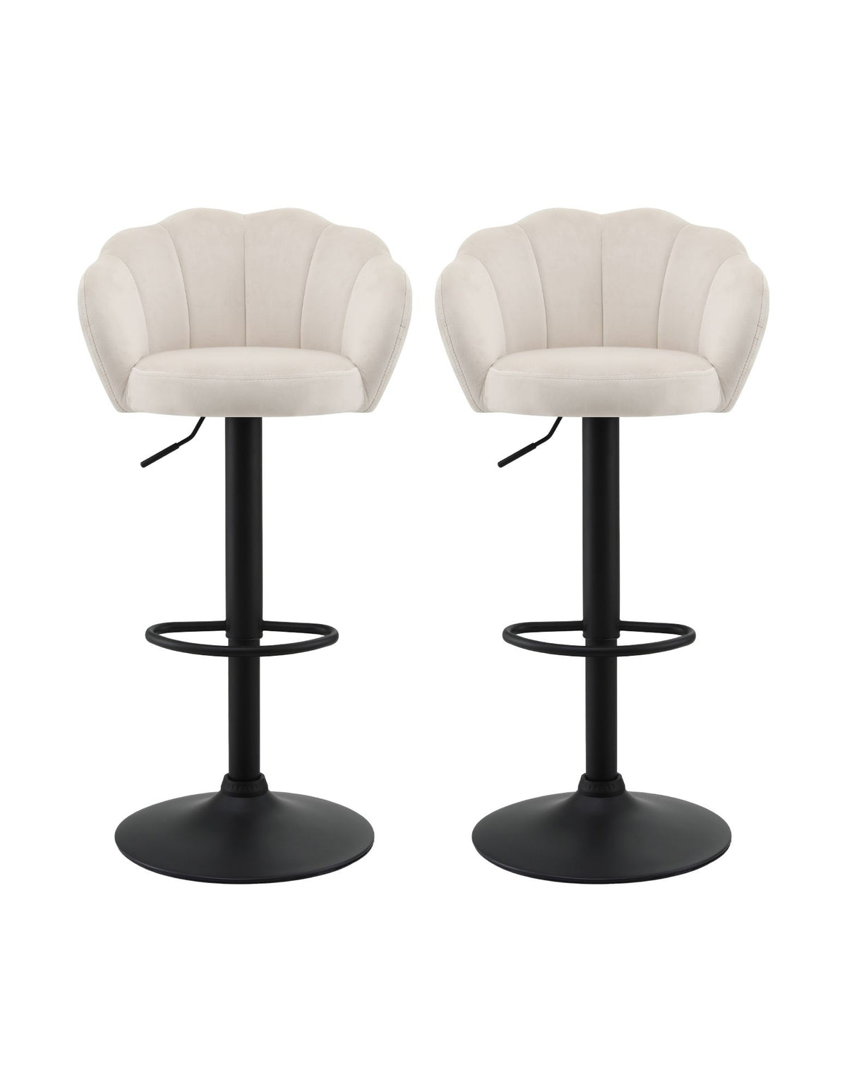 Two Emma ivory velvet shell-back bar stools with black adjustable pedestal bases displayed on a white background.